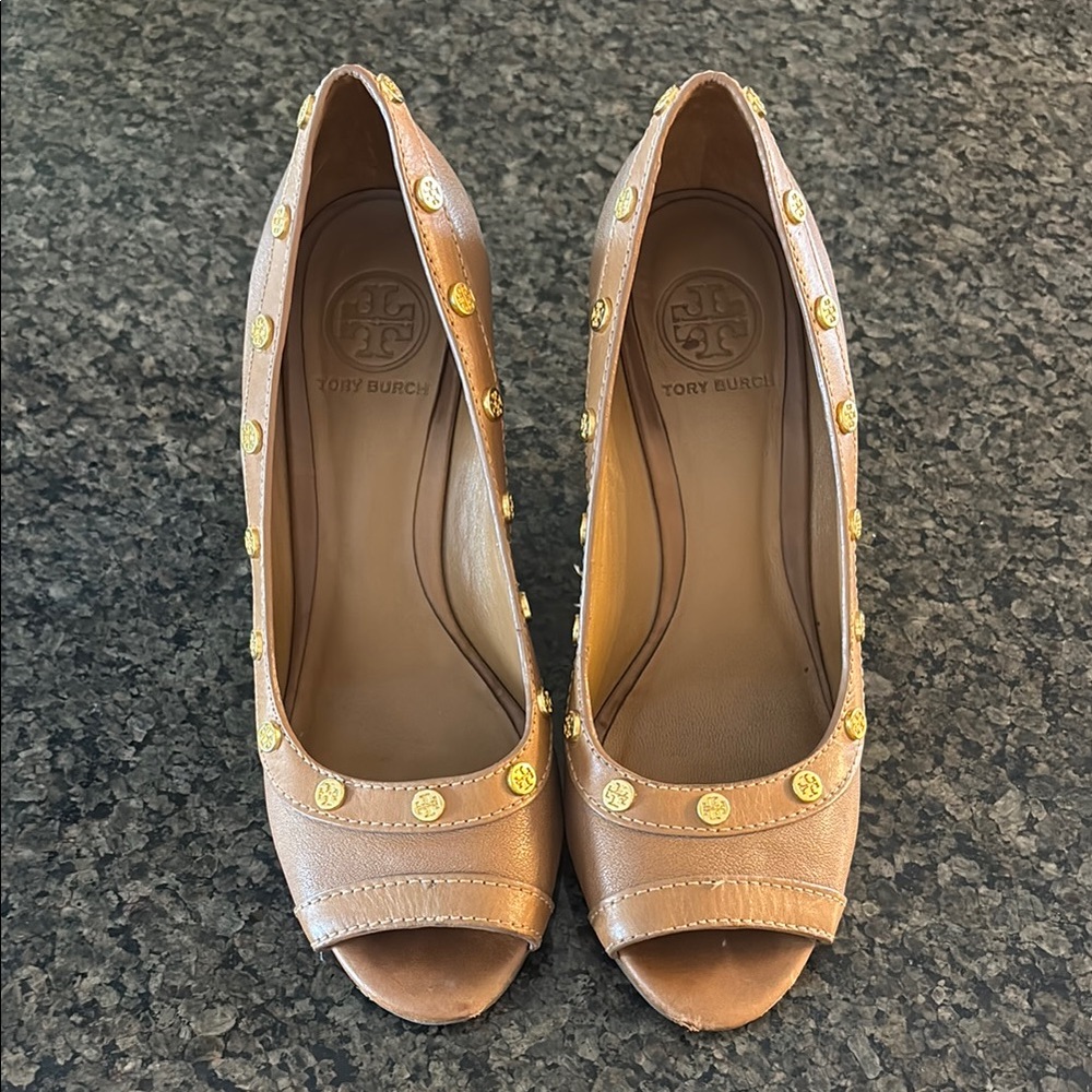 Tory Burch Gold-Studded Tan Heels